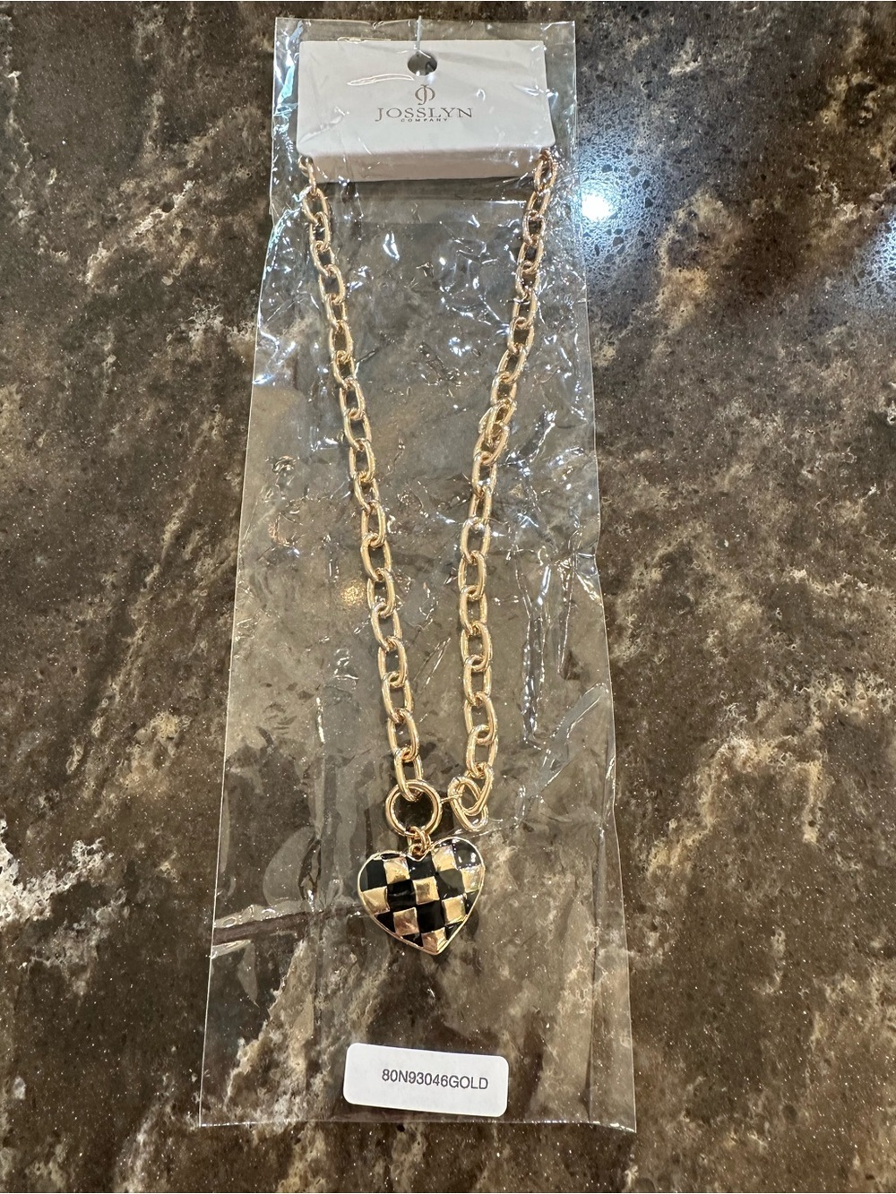 Gold Heart Pendant Necklace with Black Check Enamel